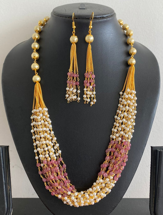 Gold tone baby pink beaded pearl multilayer necklace set dj-54214