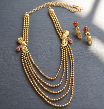 Gold tone multilayer ruby-blue peacock necklace set dj-08351