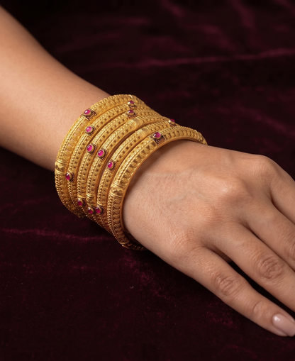Gold Tone Set Of 6 Ruby Bangles (2.4) dj-08359