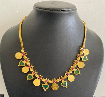 Gold tone kerala style pink-green palakka lakshmi coin necklace dj-53143