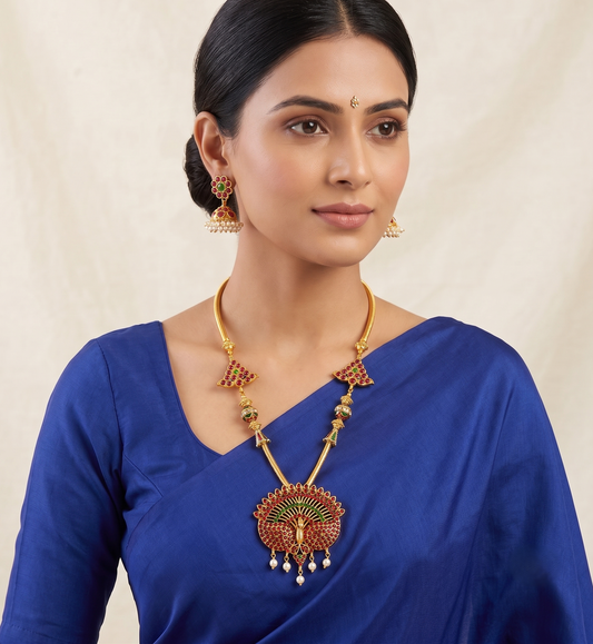 Beautiful Gold Tone Kemp-green Handmade Peacock Necklace Set-dj08396