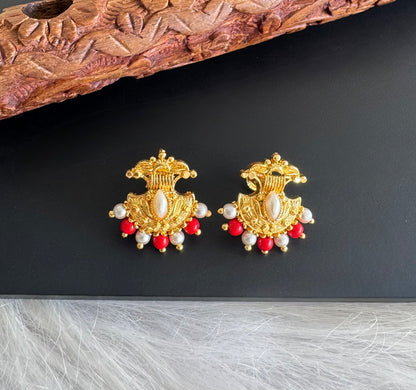 Gold tone coral-pearl beaded stud/earrings dj-51259