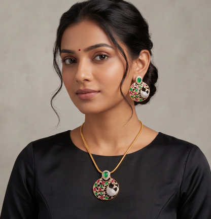 Beautiful Dual Tone Cz Ruby-green Peacock Bali Necklace Set -dj08435