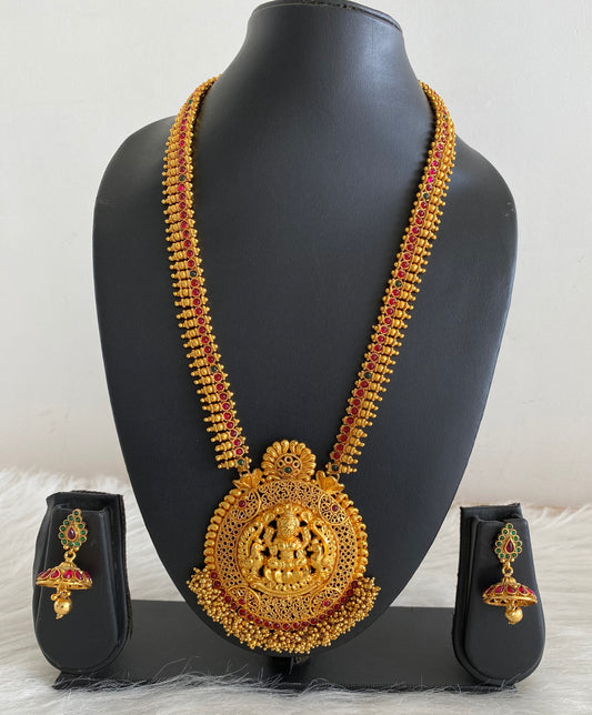 Antique gold cluster kemp-green huge lakshmi pendant haar set dj-08437