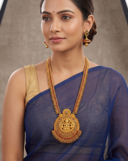 Antique gold cluster kemp-green huge lakshmi pendant haar set dj-08437