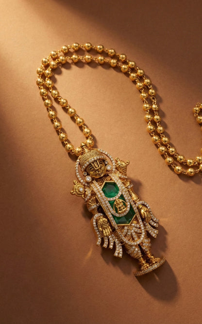 Gold tone 24 inches chain with green Shri Thirumal pendant dj-52616