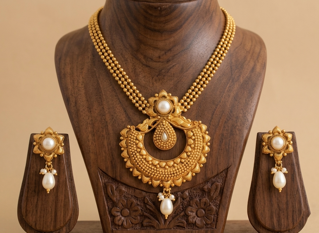 Antique gold tone Multilayer Pearl flower Necklace Set-dj08451