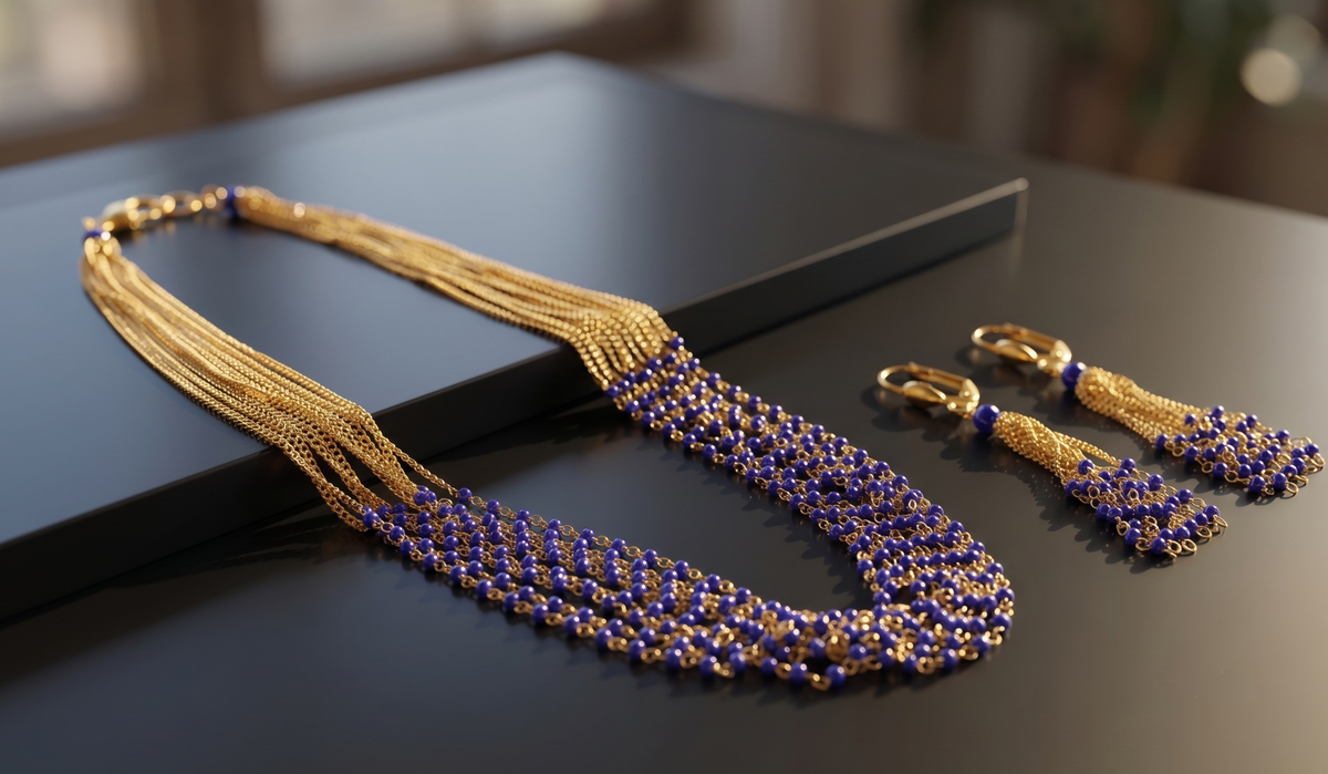 Gold Tone Multilayer Royal Blue Necklace Set-dj08505