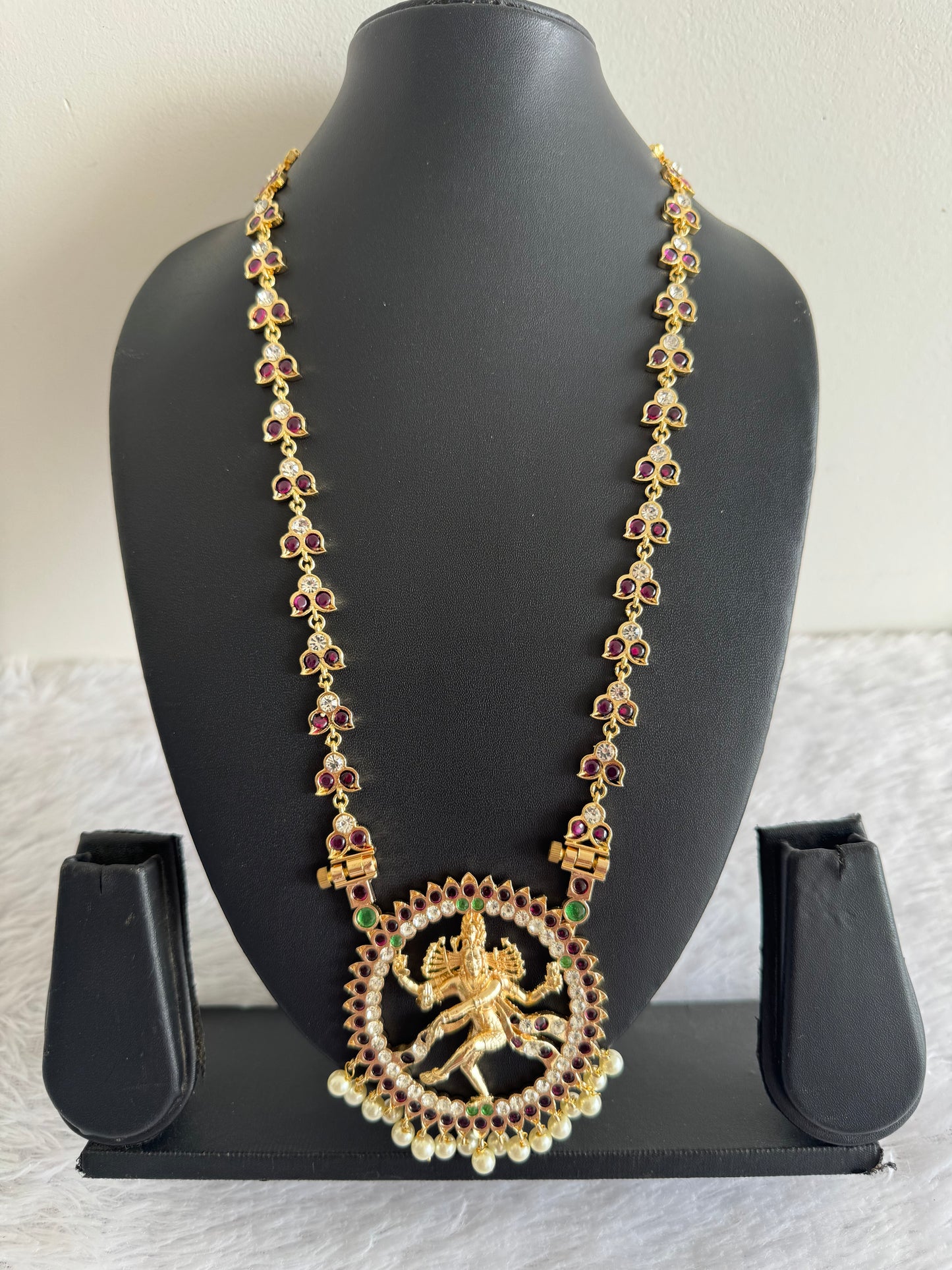 Gold tone precious kemp-green-white pearl Shri Natarajar haar dj-52264