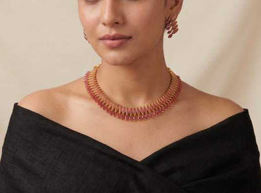 Gorgeous Gold Tone Ruby Necklace Set-dj08515