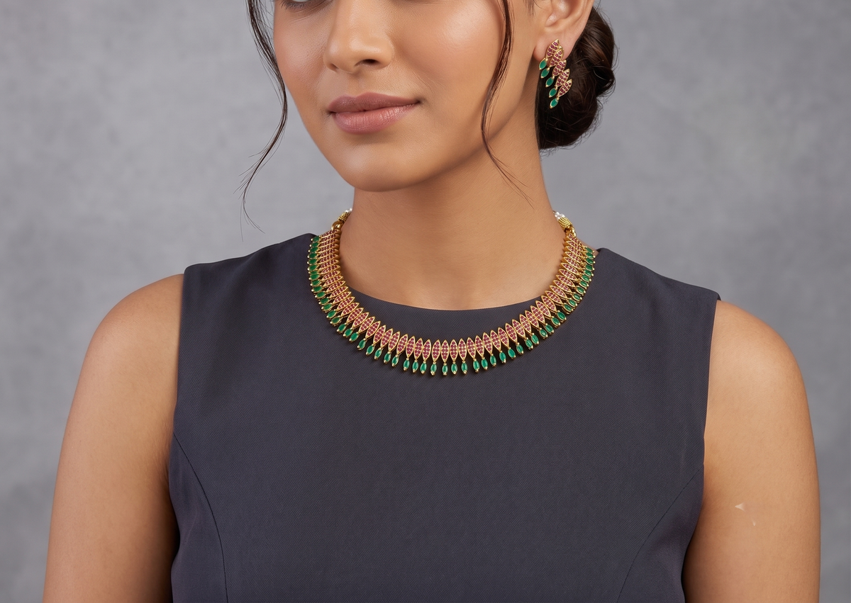 Gorgeous Gold Tone Ruby-emerald Necklace Set-dj08516