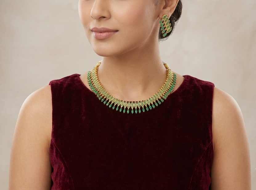 Gold Tone Emerald Necklace Set-dj08517