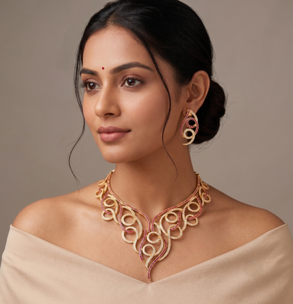 Gold tone cz-ruby big necklace set dj-08547