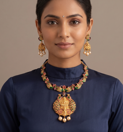 Gold Tone Ruby Meenakari Peacock Lakshmi Necklace Set-dj08558