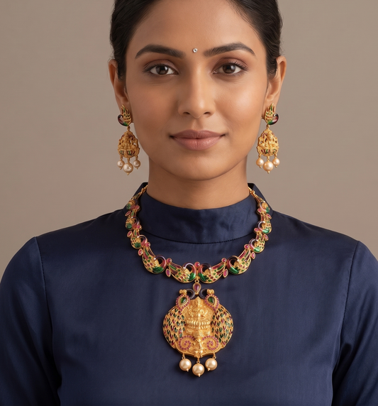 Gold Tone Ruby Meenakari Peacock Lakshmi Necklace Set-dj08558