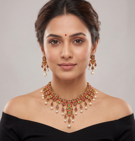 Gold Tone Kemp-green Pearl Necklace Set-dj08559
