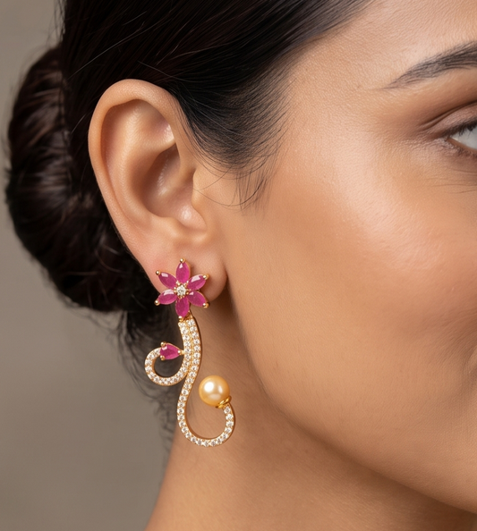 Lovely Gold Tone Cz-ruby Party Wear Earrings -dj08587