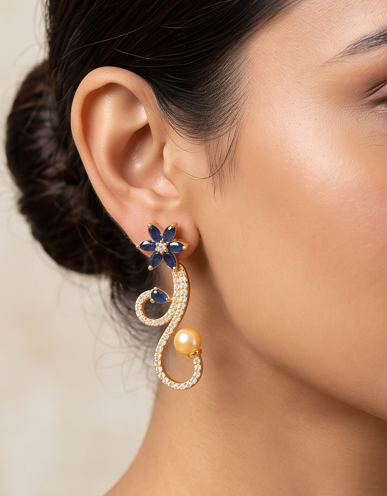 Lovely Gold Tone Cz-blue Party Wear Earrings -dj08588