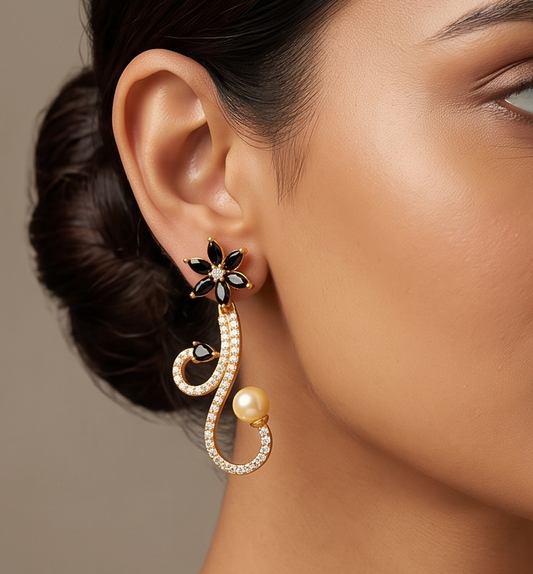 Lovely Gold Tone Cz-black Party Wear Earrings -dj08589