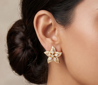 Lovely Gold Tone Cz Flower Designer Earrings -dj08592