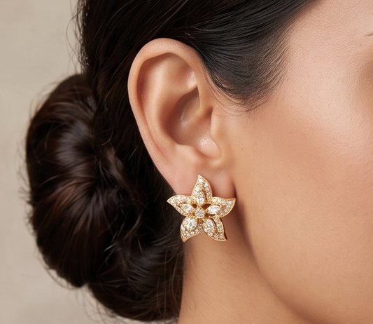 Lovely Gold Tone Cz Flower Designer Earrings -dj08592