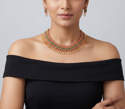 Gold Tone Ruby-emerald kerala style Necklace With Screw Back Earrings -dj08602