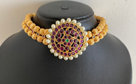 Gold tone semi precious kemp-green pearl beaded choker dj-53931