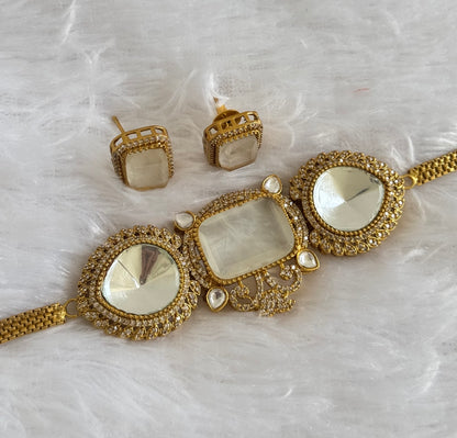 Antique gold tone cz big stone white choker necklace set dj-51087