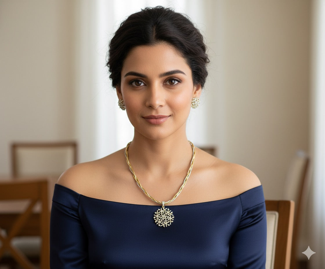 Two tone diamond look alike cz white kanti necklace set dj-49201
