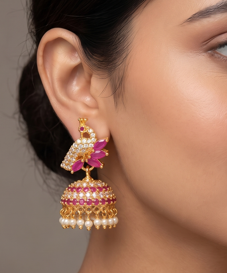 Beautiful Gold Tone Cz-ruby Cute Peacock Jhumkka-dj08682