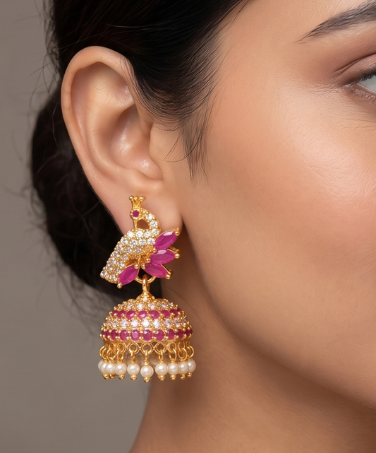 Beautiful Gold Tone Cz-ruby Cute Peacock Jhumkka-dj08682