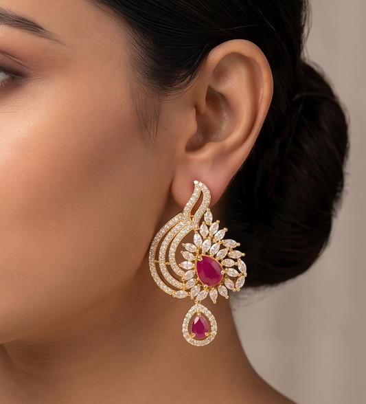 Beautiful Gold Tone Cz-ruby Party Wear Earrings -dj08685