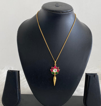 Gold tone kemp-green-white lotus kundan jadau chain with pendant dj-54497