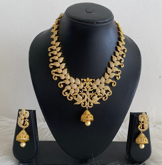 Gold Tone Peacock Cz Jhumkka Pendant Necklace Set-dj08725