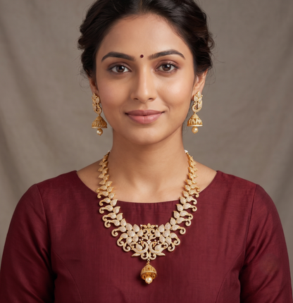 Gold Tone Peacock Cz Jhumkka Pendant Necklace Set-dj08725