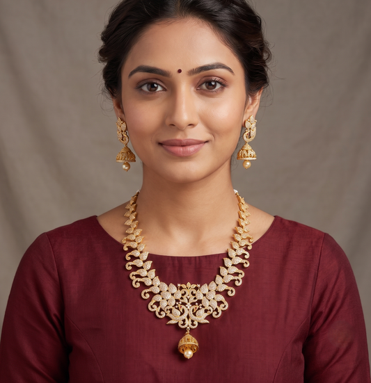 Gold Tone Peacock Cz Jhumkka Pendant Necklace Set-dj08725
