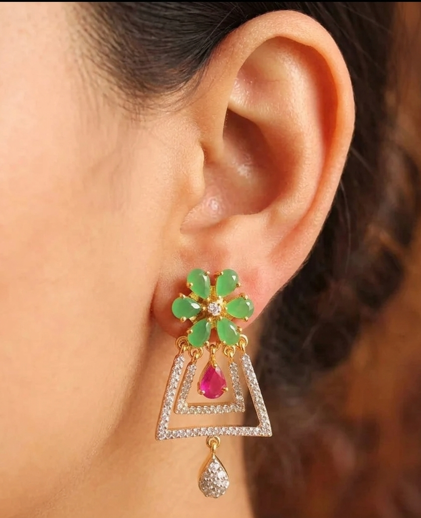 Lovely Two Tone Cz Ruby-emerald Party Wear Studs-dj08733