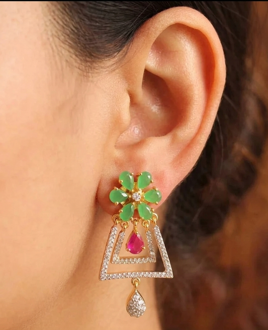 Lovely Two Tone Cz Ruby-emerald Party Wear Studs-dj08733