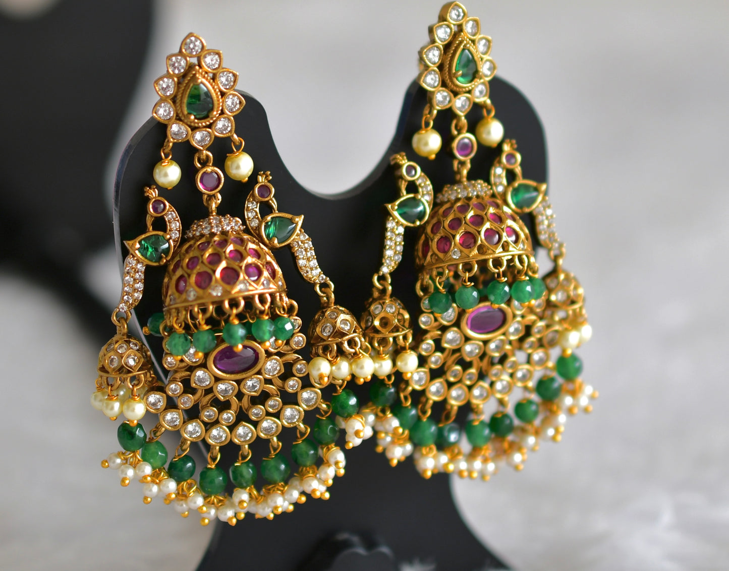 Antique gold tone kemp-green pearl bali peacock jhumkka dj-51865