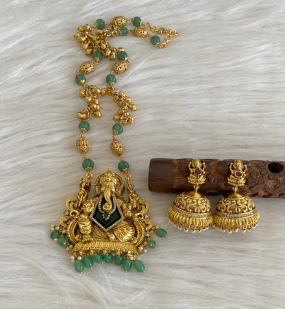 Antique gold tone beaded chain with green stone ganesha pendant set dj-55120