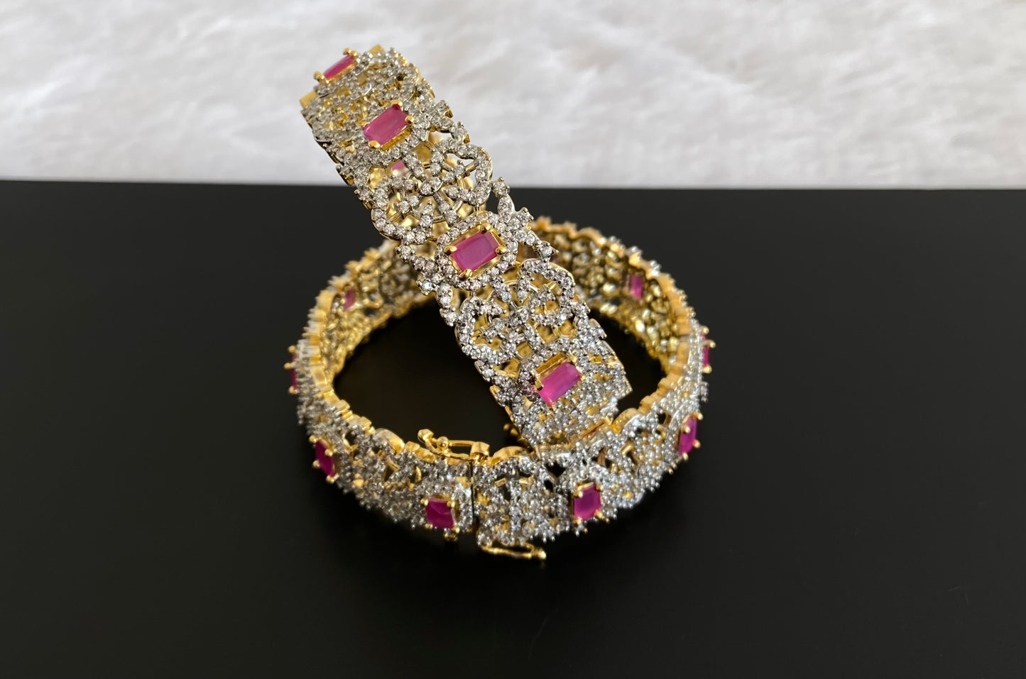 Two tone cz-ruby block stone openable bangles(2.4) dj-53478