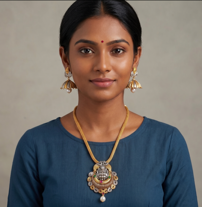 Unique Two Tone Designer Ruby-emerald Lakshmi Necklace Set -dj08772