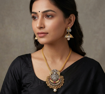 Unique Two Tone Designer Ruby Lakshmi Necklace Set -dj08773
