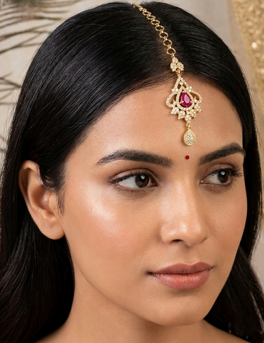 Gold tone cz ruby maang tikka dj-08783