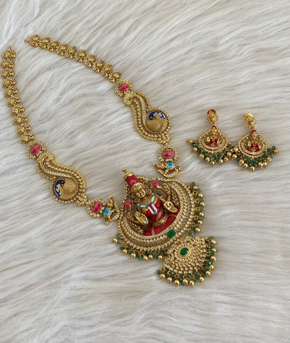 Matte finish green beaded red meenakari mahalakshmi peacock haar set dj-54739
