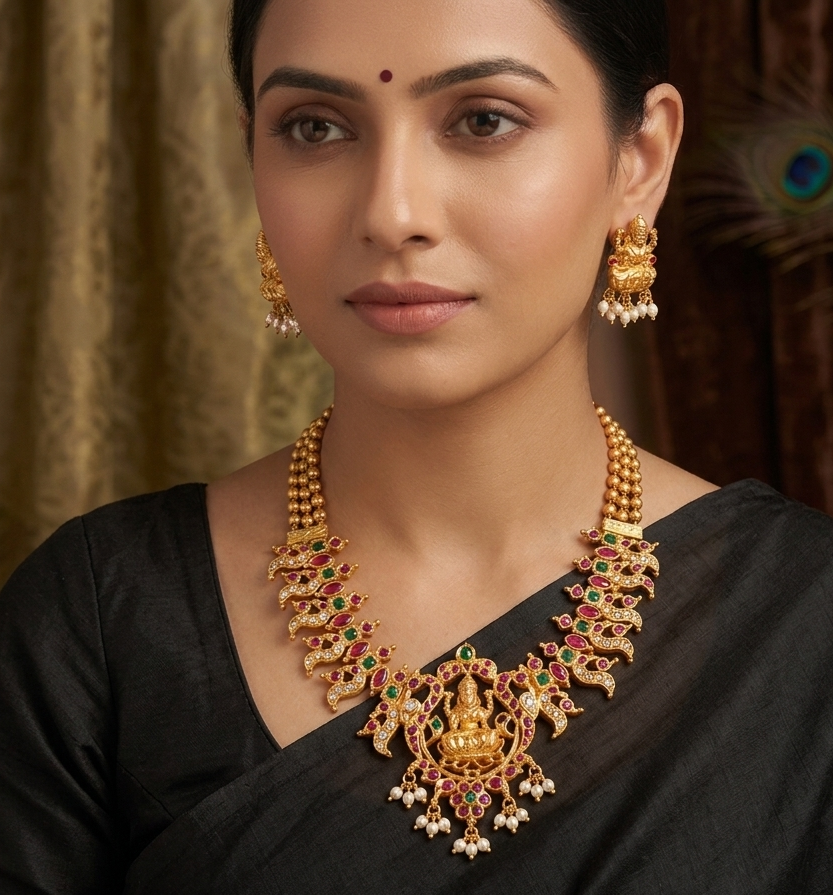 Gold Tone Ruby-emerald Lakshmi Necklace With Screw Type Earrings dj-08815