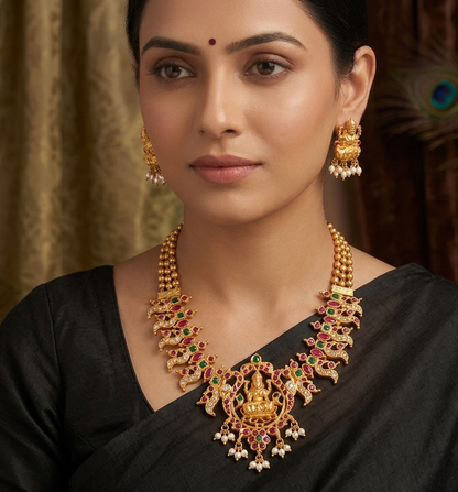 Gold Tone Ruby-emerald Lakshmi Necklace With Screw Type Earrings dj-08815