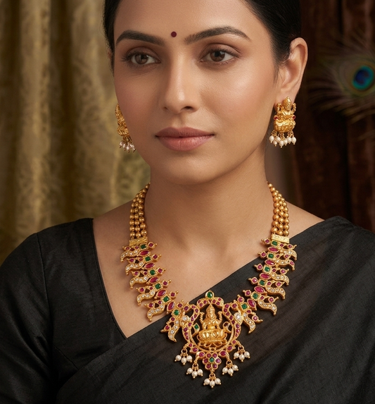 Gold Tone Ruby-emerald Lakshmi Necklace With Screw Type Earrings dj-08815