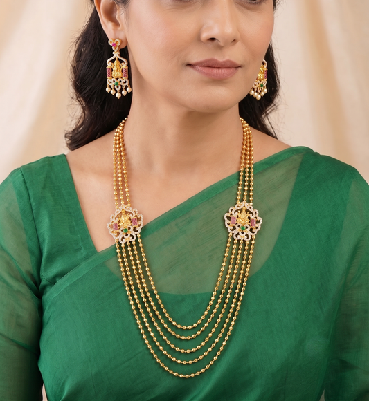 Gold tone multilayer cz ruby-emerald lakshmi mugappu necklace set dj-08849