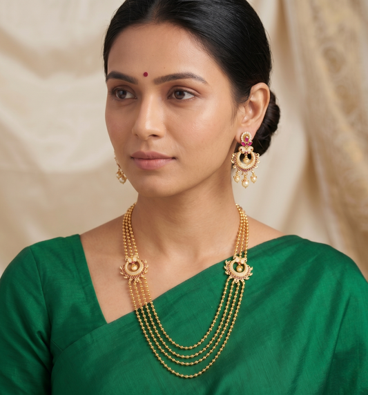 Gold tone multilayer cz ruby peacock mugappu necklace set dj-08856